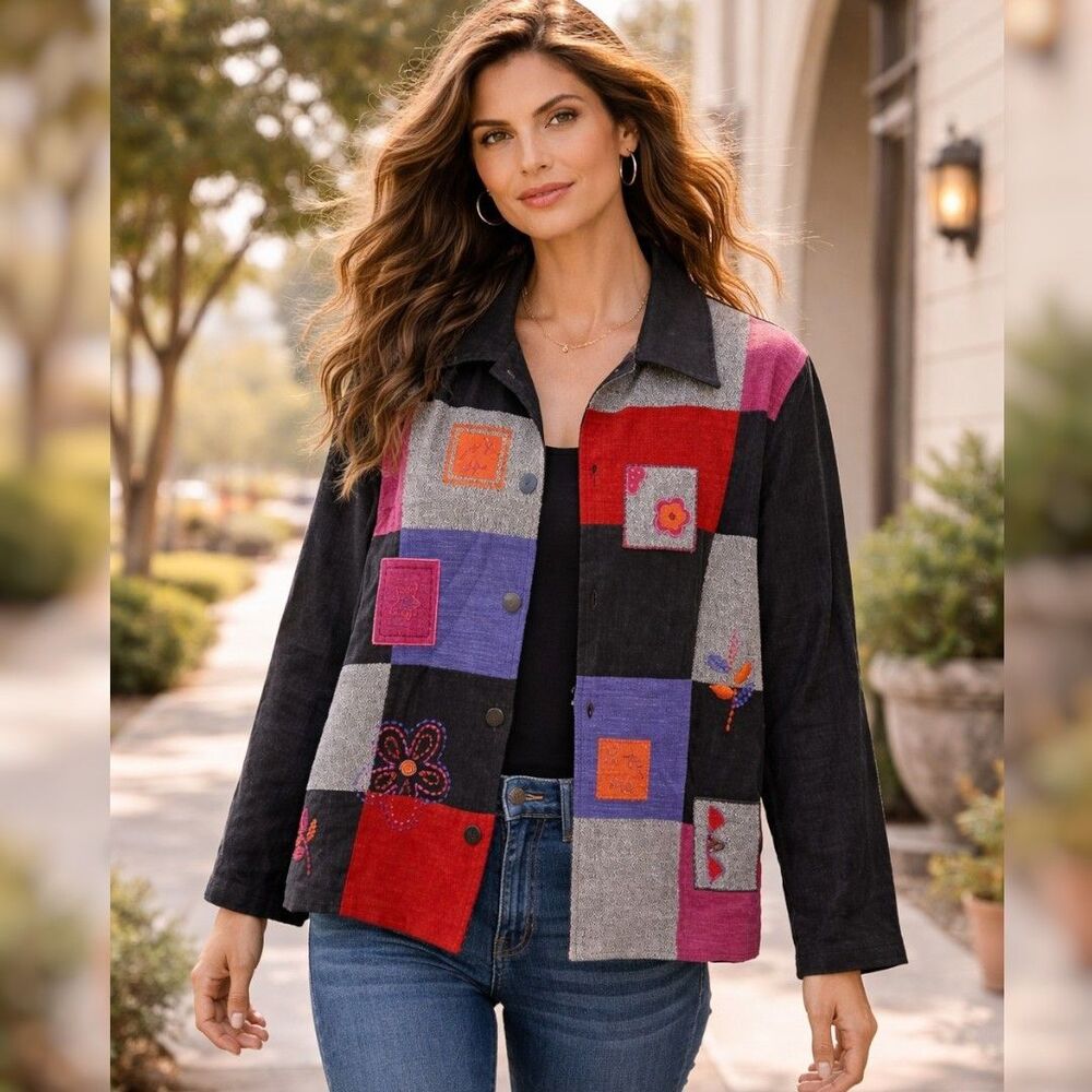 Koret Patchwork Embroidered Jacket Sz L Black Multicolor Artsy Boho Style